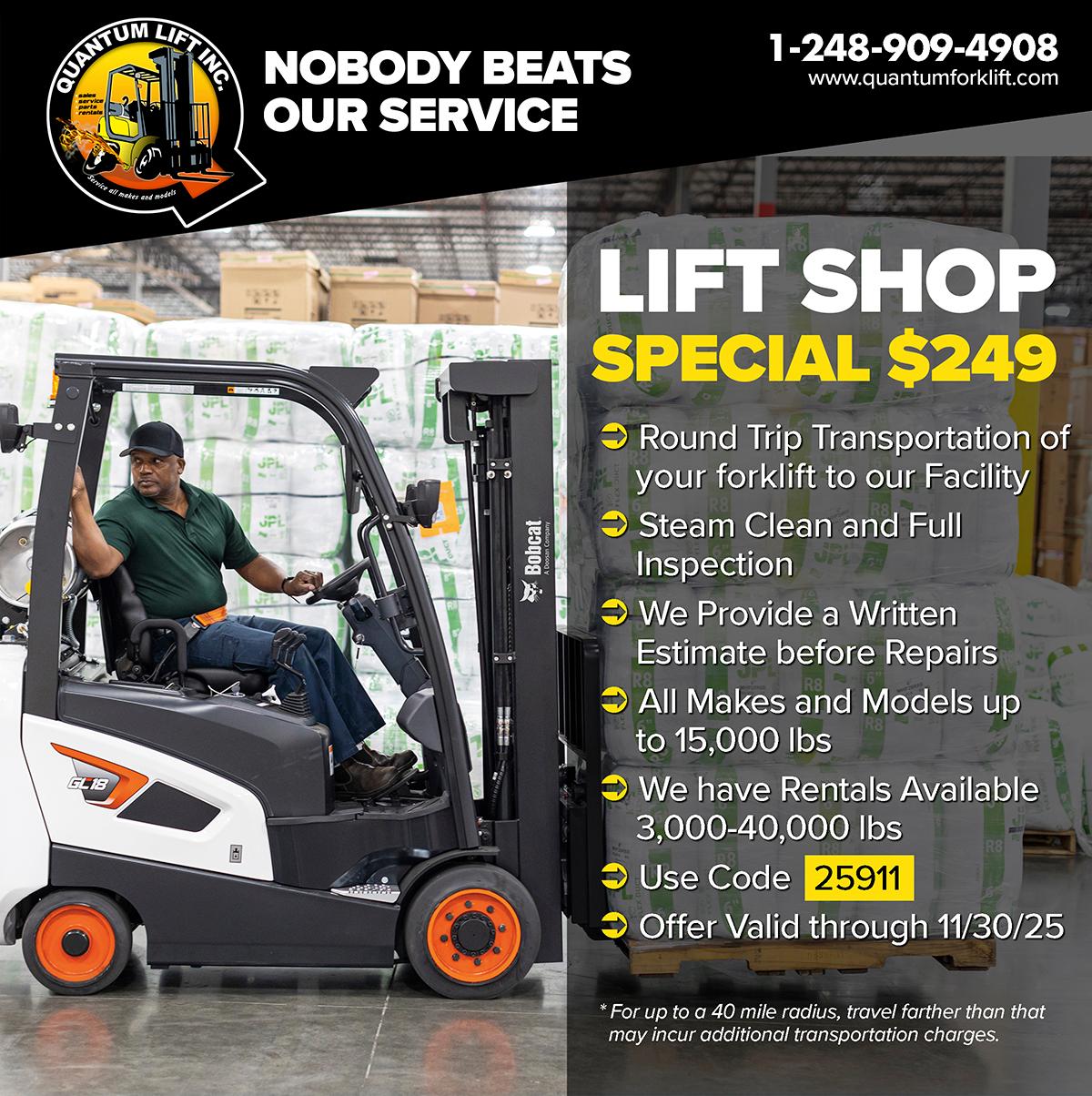 QUANTUM LIFT INC. Service all makes and models. NOBODY BEATS OUR SERVICE
1-248-909-4908 www.quantumforklift.com [Bobcat GL18 LPG Forklift backing up]