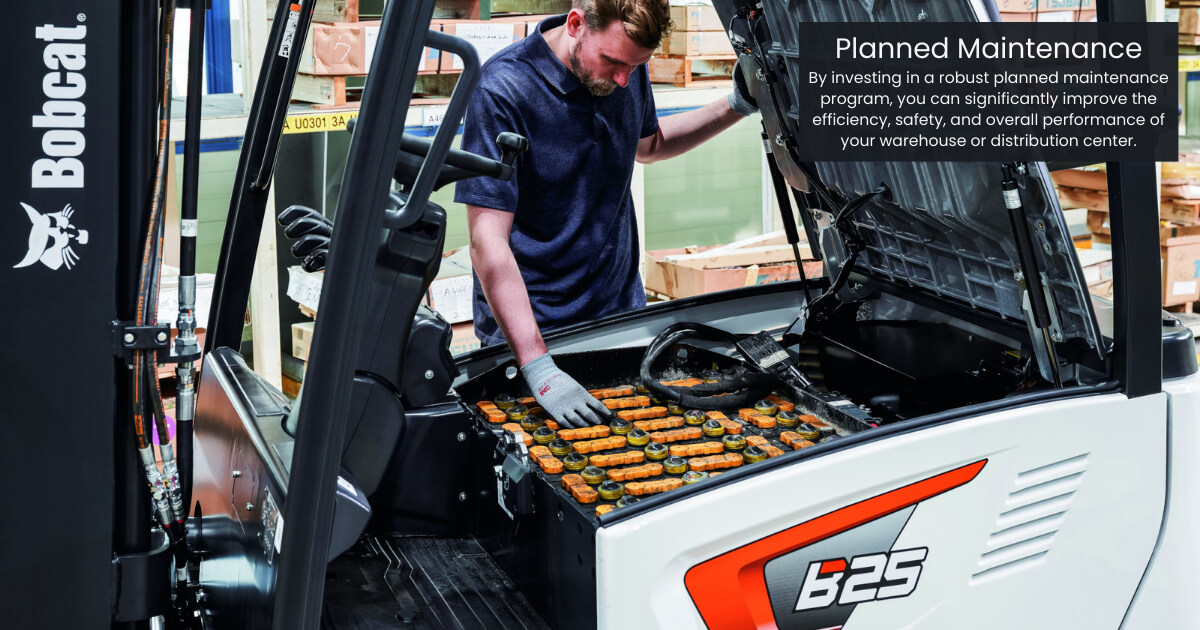 [Bobcat electric forklift being worked on] Planned Maintenance
By investing in a robust planned maintenance program, you can significantly improve the efficiency, safety, and overall performance of your warehouse or distribution center.