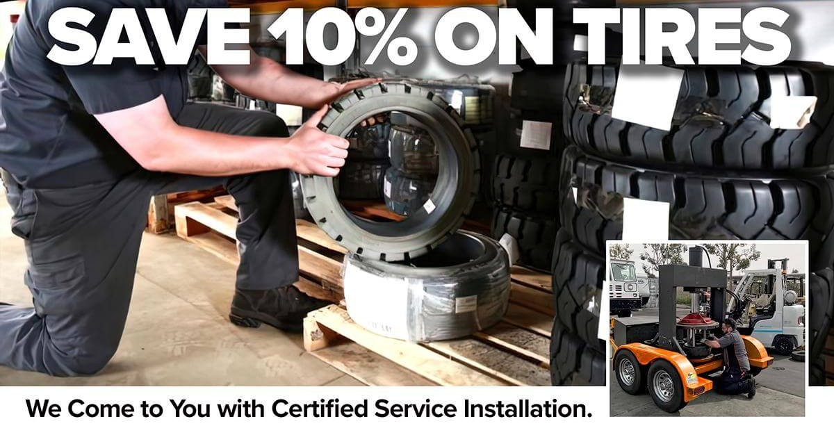 [Tech working on tire] Save 10% on tires. We come to you with certified installation